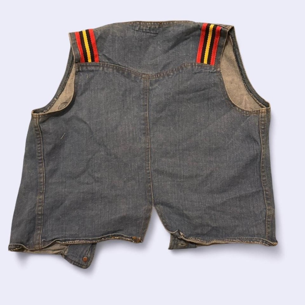 Vintage Blue denim vest with red and yellow striped patches - Picture 2 of 3